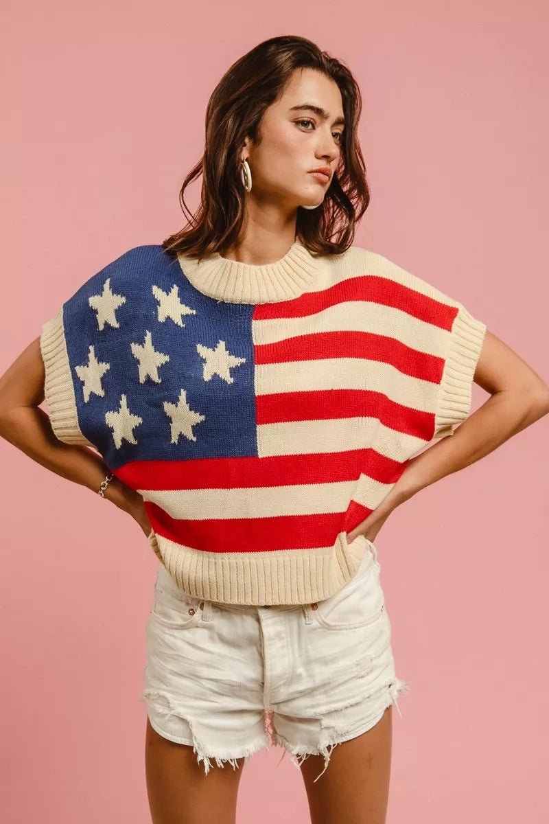 BiBi Star Patches American Flag Sleeveless Sweater - Grace & Grit Boutique