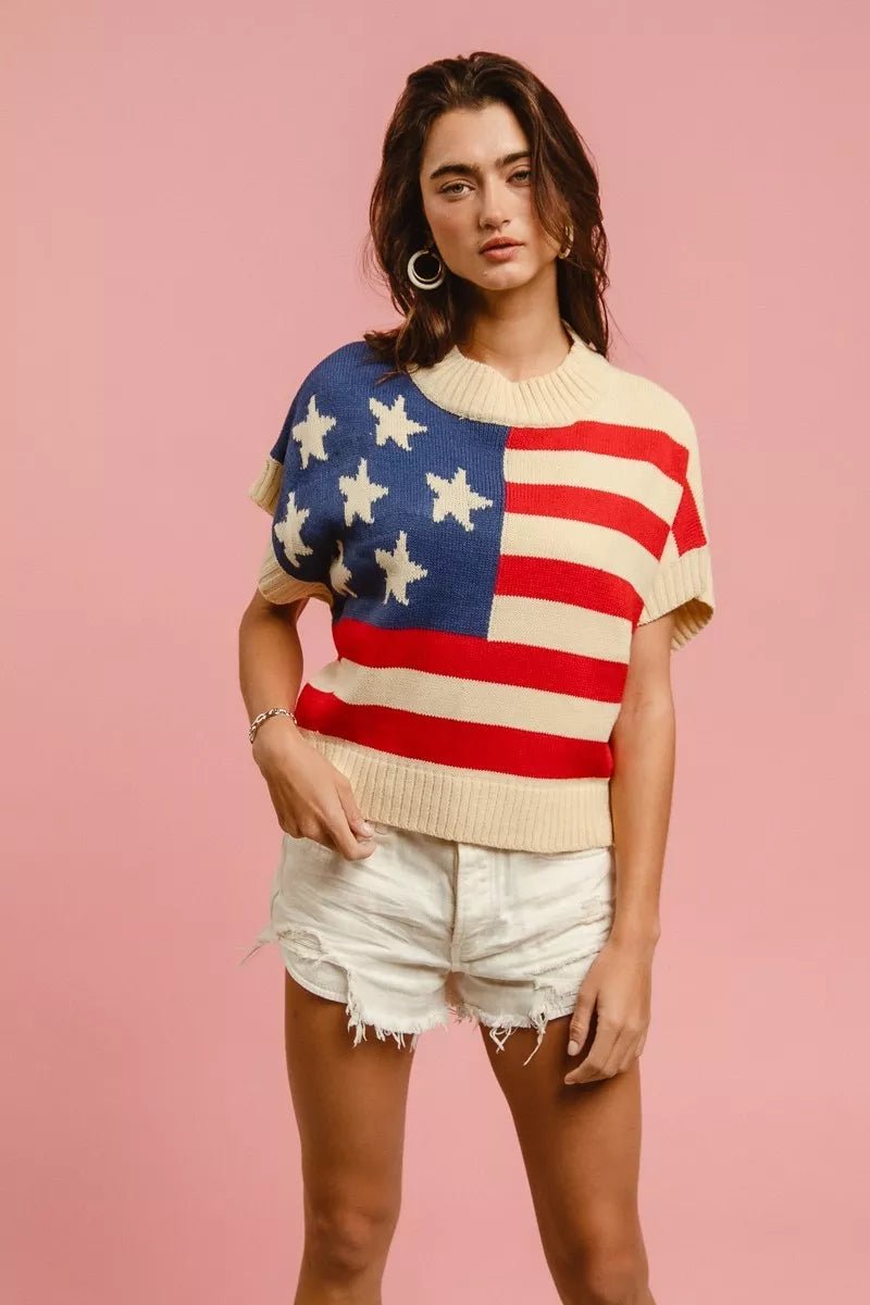 BiBi Star Patches American Flag Sleeveless Sweater - Grace & Grit Boutique