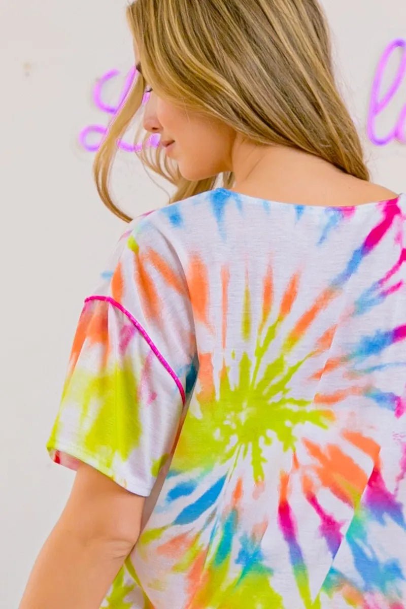 BiBi Tie Dye Print Jersey Stitched V Neck Top - Grace & Grit Boutique