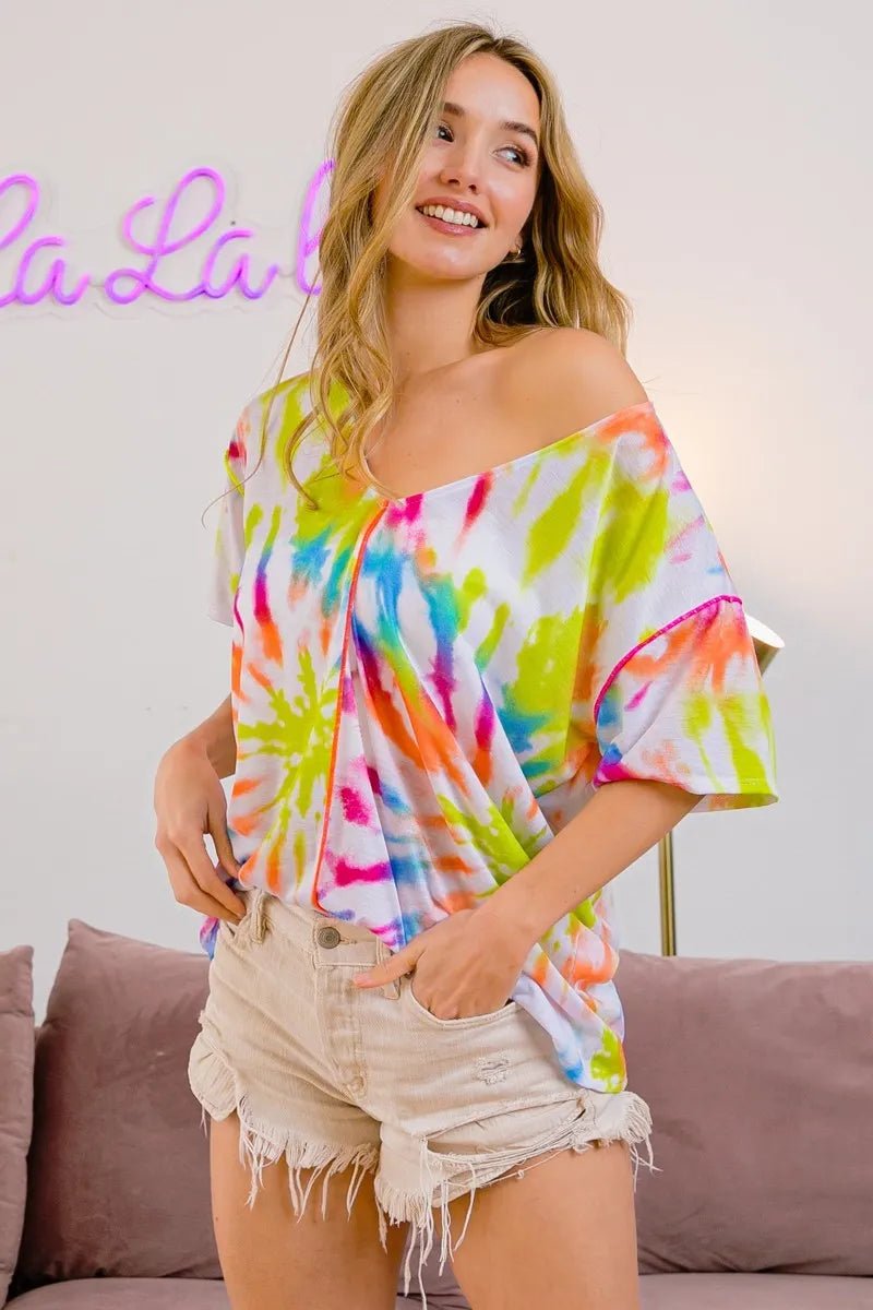 BiBi Tie Dye Print Jersey Stitched V Neck Top - Grace & Grit Boutique