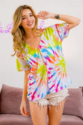 BiBi Tie Dye Print Jersey Stitched V Neck Top - Grace & Grit Boutique
