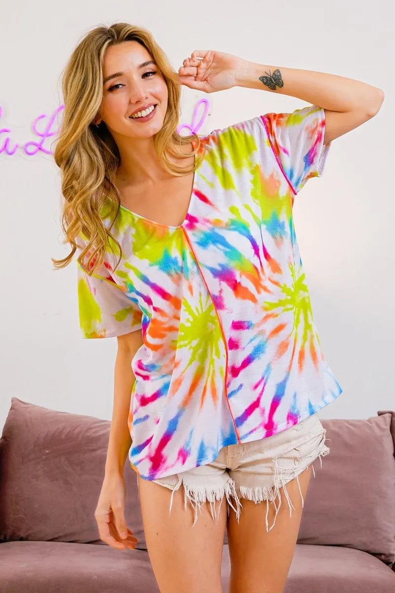 BiBi Tie Dye Print Jersey Stitched V Neck Top - Grace & Grit Boutique