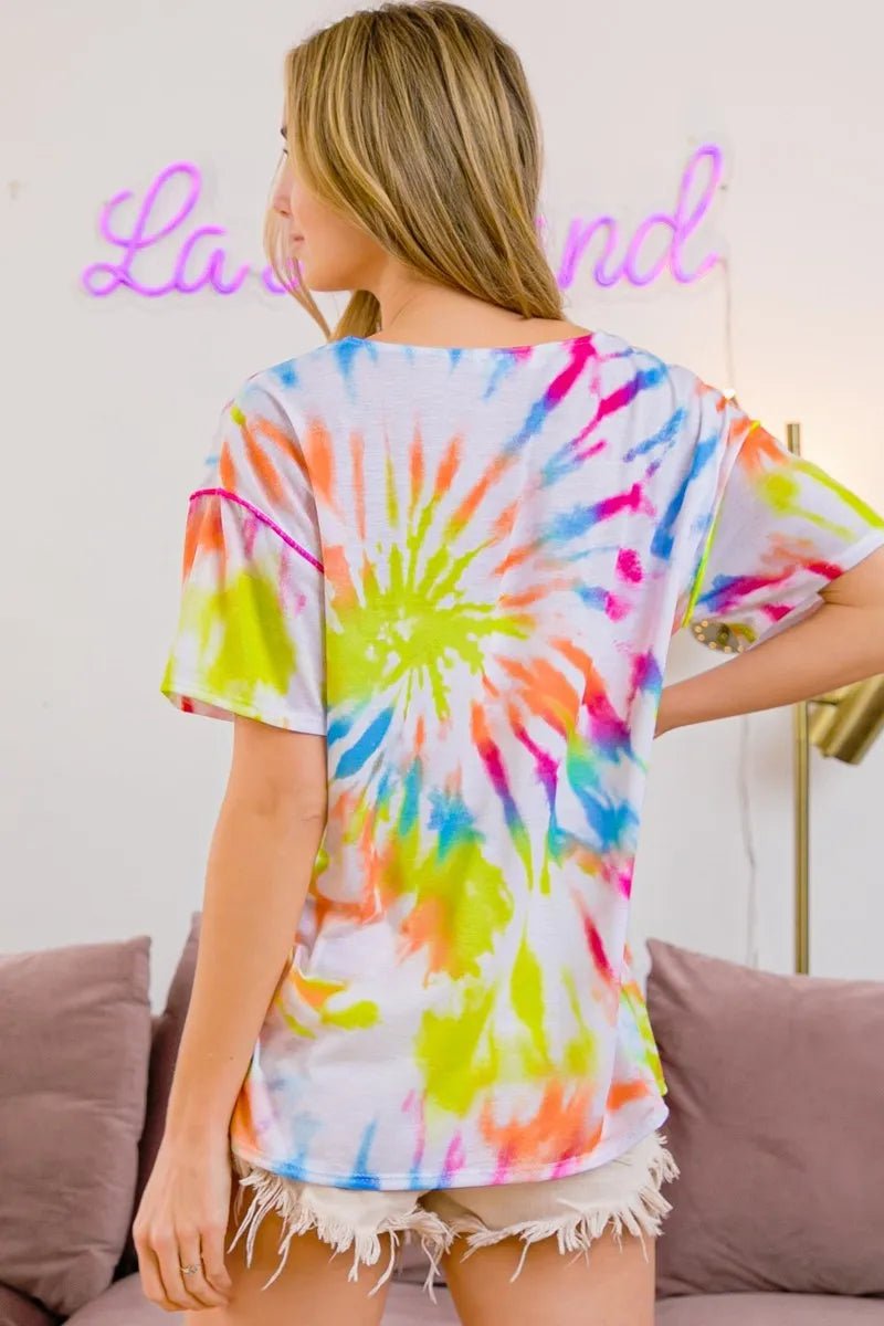 BiBi Tie Dye Print Jersey Stitched V Neck Top - Grace & Grit Boutique