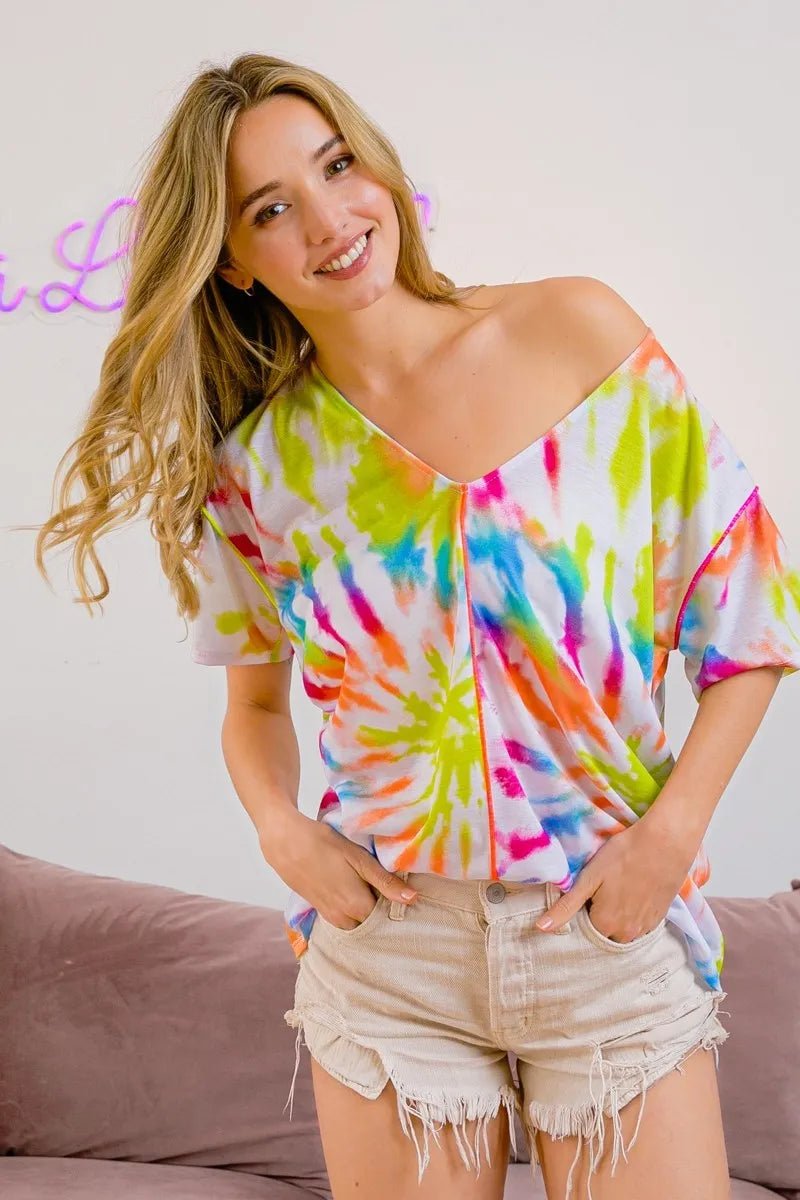 BiBi Tie Dye Print Jersey Stitched V Neck Top - Grace & Grit Boutique