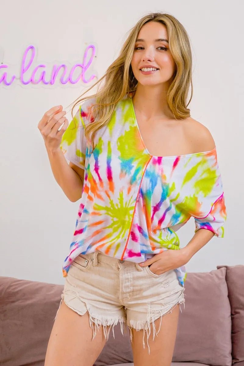 BiBi Tie Dye Print Jersey Stitched V Neck Top - Grace & Grit Boutique