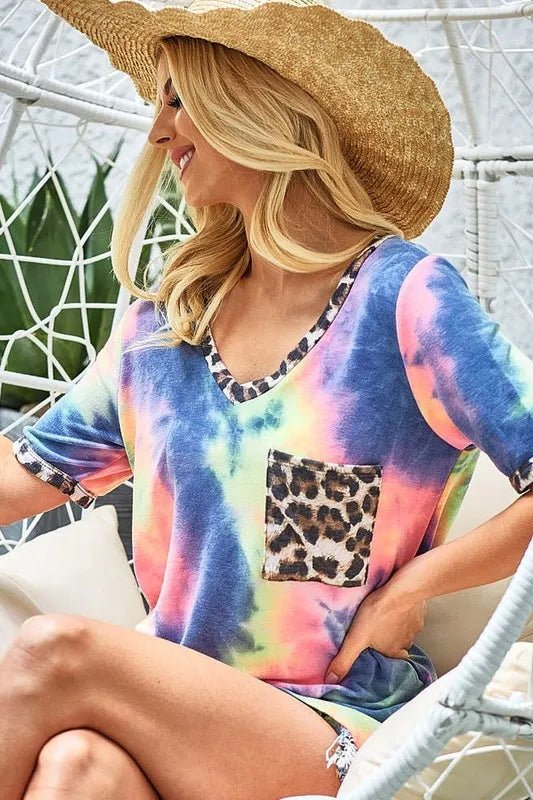BiBi Tie Dye Print V Neck Top With Front Patch Pocket - Grace & Grit Boutique