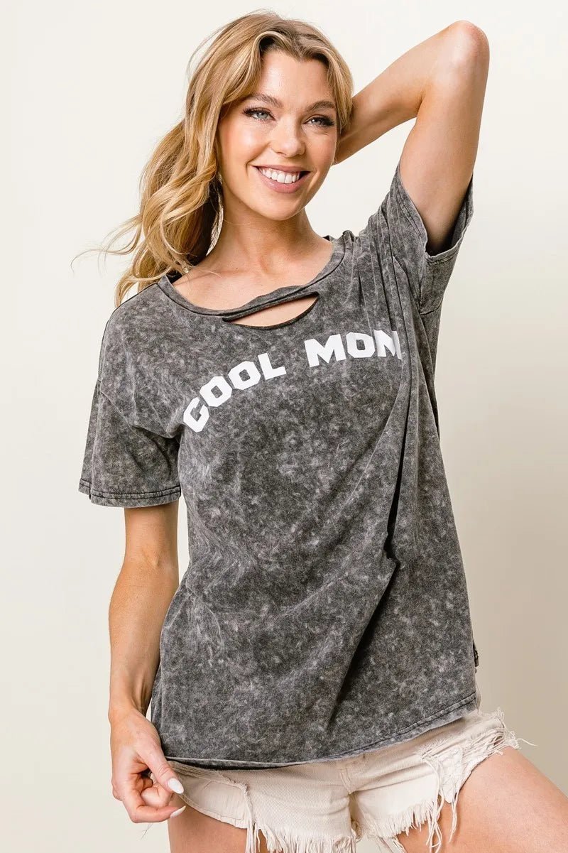 BiBi Washed Laser Cut Detail Cool Mom Print Top - Grace & Grit Boutique