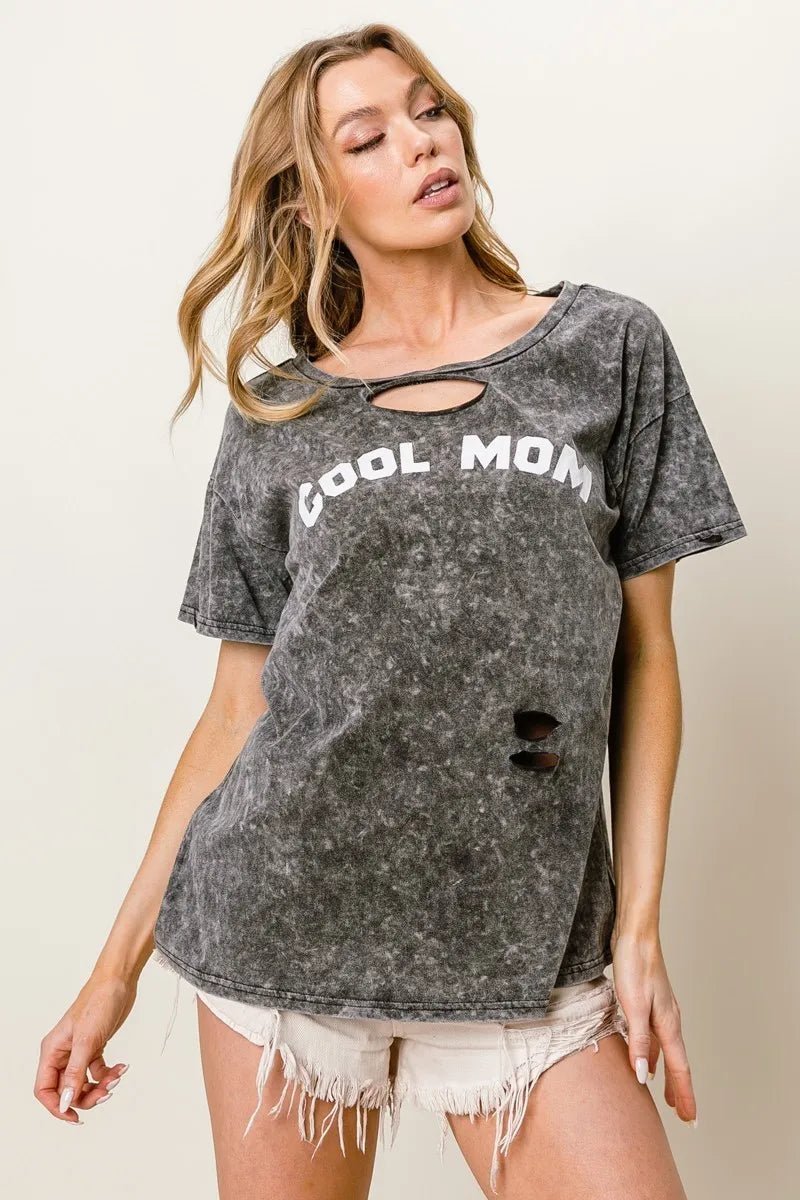 BiBi Washed Laser Cut Detail Cool Mom Print Top - Grace & Grit Boutique