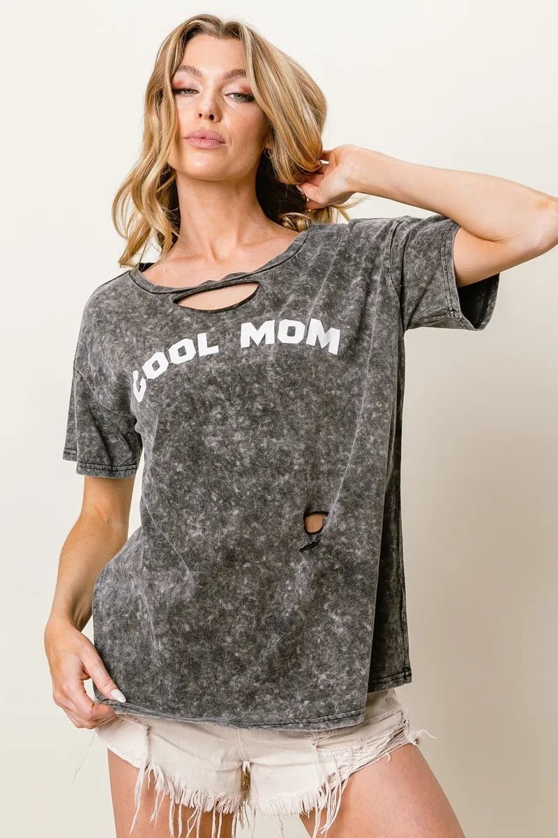 BiBi Washed Laser Cut Detail Cool Mom Print Top - Grace & Grit Boutique