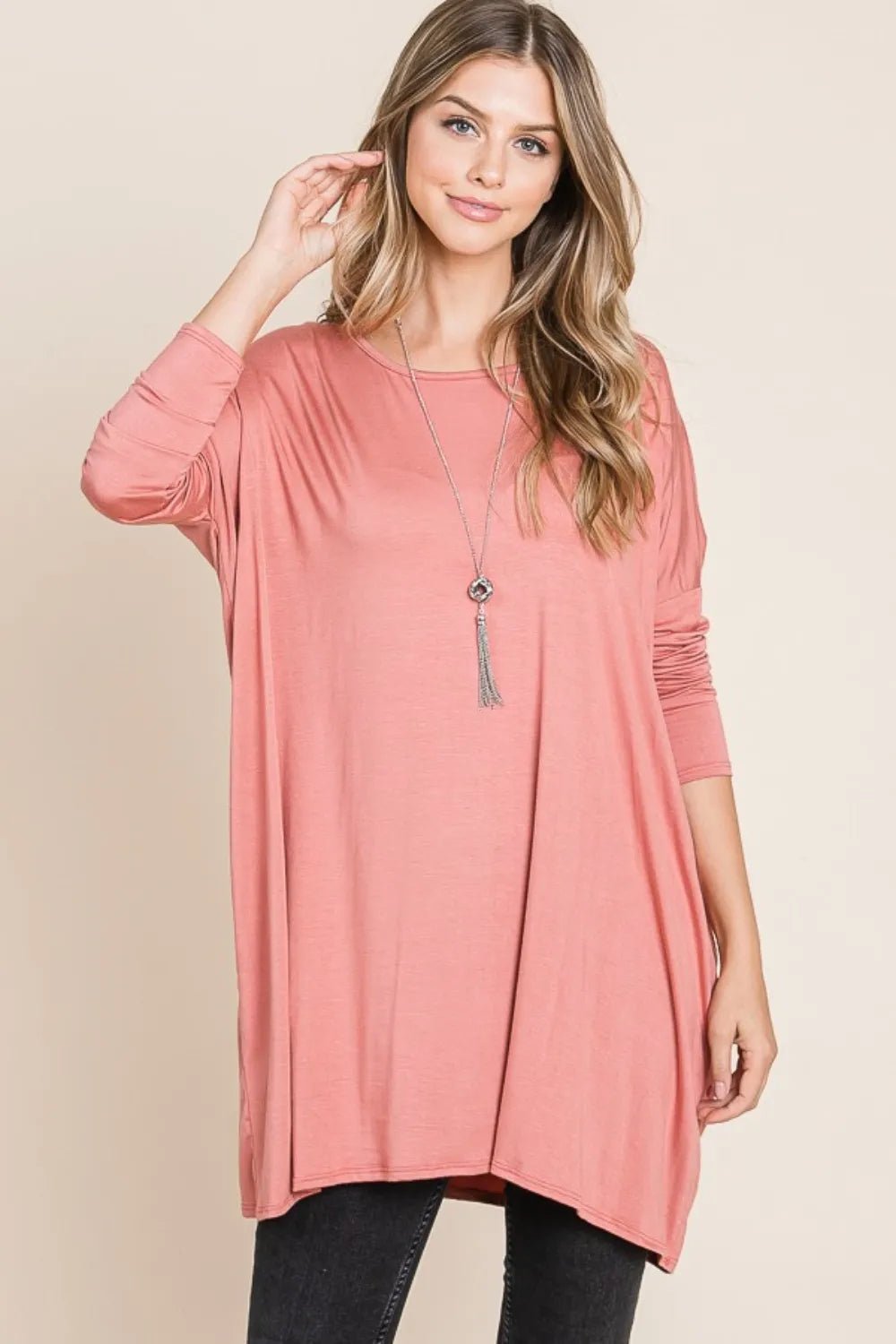 BOMBOM Round Neck Long Sleeve Oversized Top - Grace & Grit Boutique