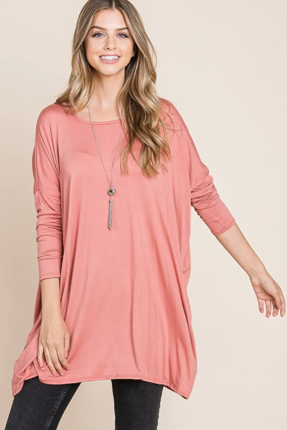 BOMBOM Round Neck Long Sleeve Oversized Top - Grace & Grit Boutique