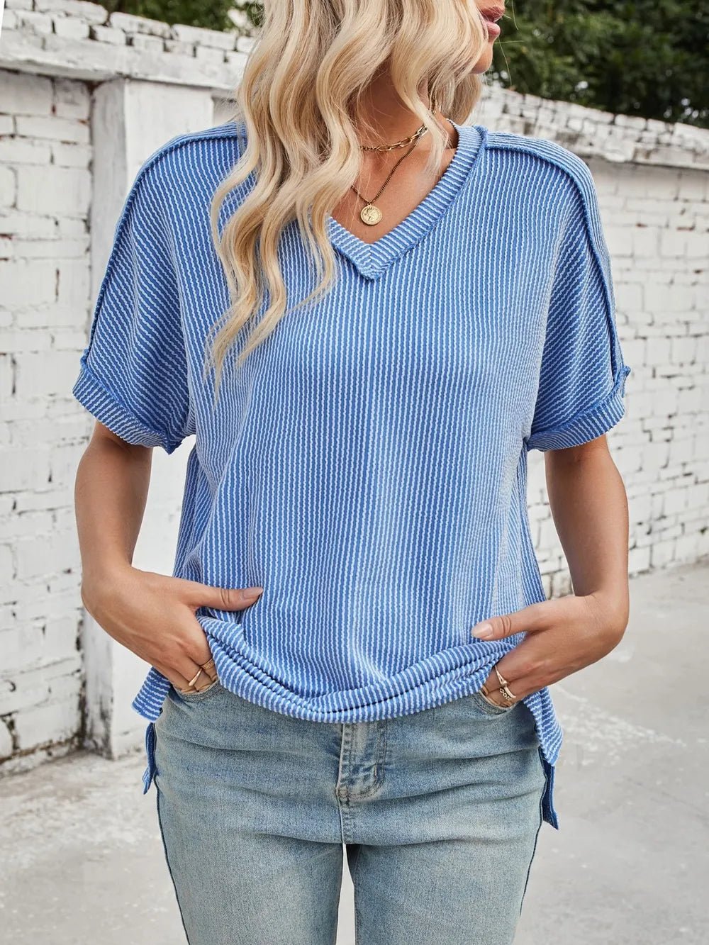 Cord Ribbed V - Neck Short Sleeve T-Shirt - Grace & Grit Boutique