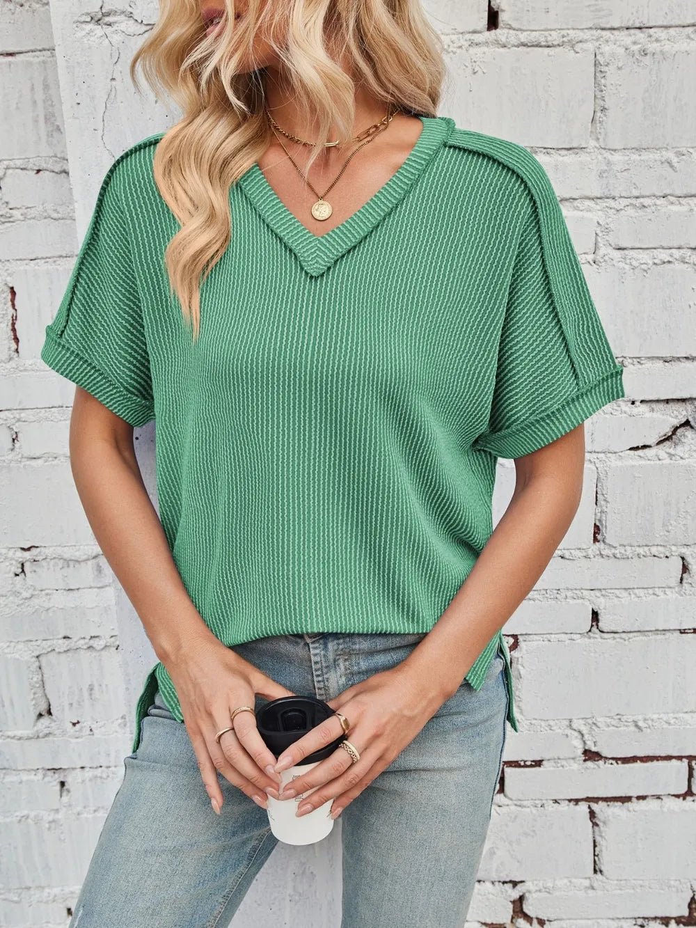 Cord Ribbed V - Neck Short Sleeve T-Shirt - Grace & Grit Boutique