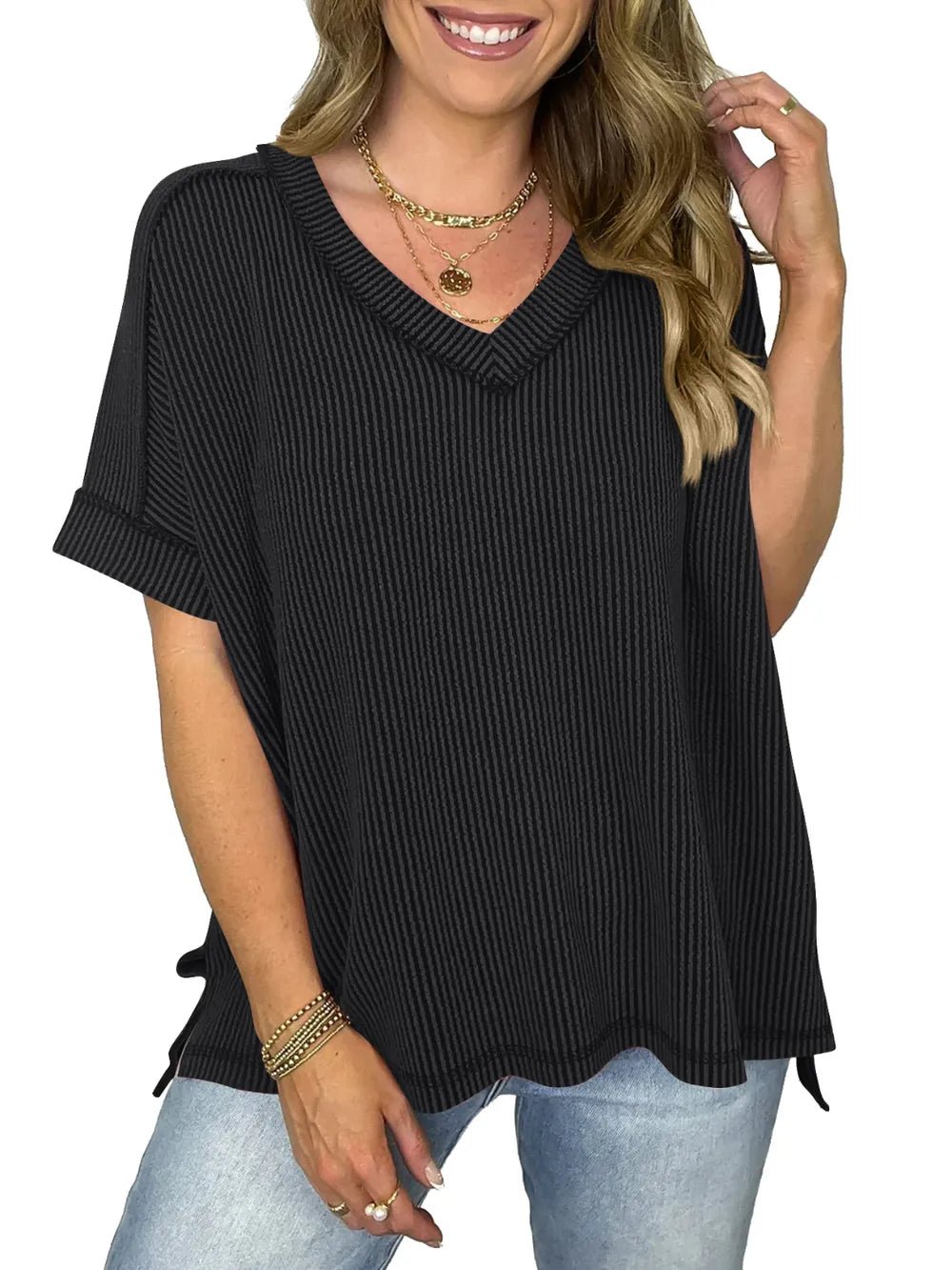 Cord Ribbed V - Neck Short Sleeve T-Shirt - Grace & Grit Boutique