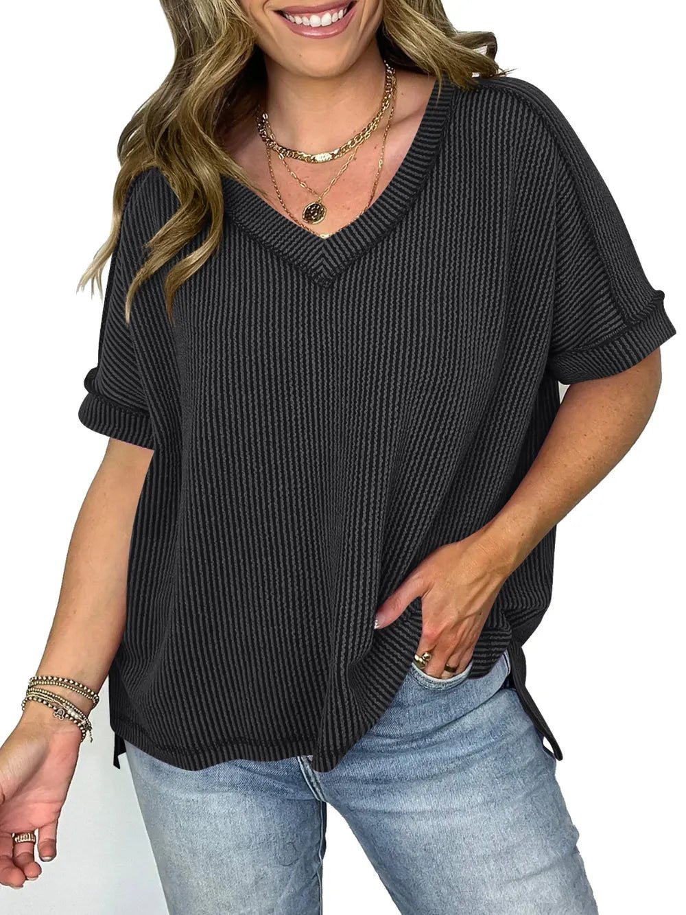 Cord Ribbed V - Neck Short Sleeve T-Shirt - Grace & Grit Boutique