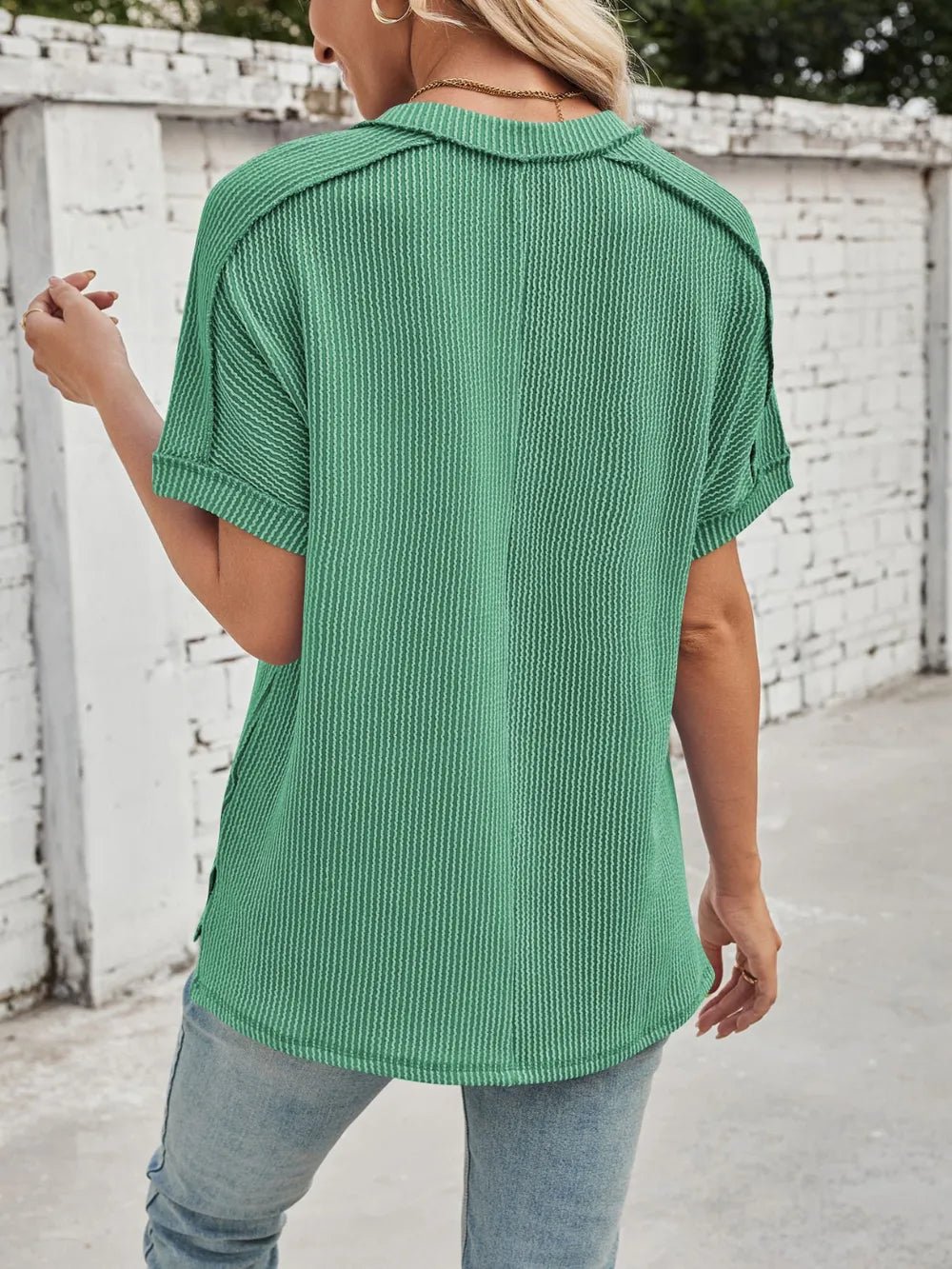 Cord Ribbed V - Neck Short Sleeve T-Shirt - Grace & Grit Boutique