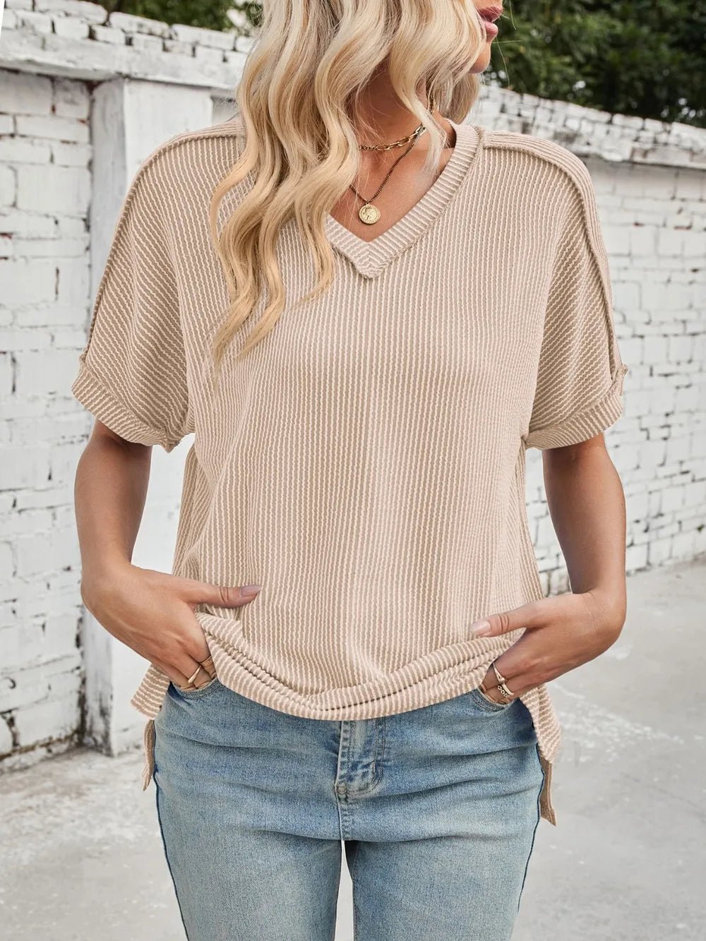 Cord Ribbed V - Neck Short Sleeve T-Shirt - Grace & Grit Boutique