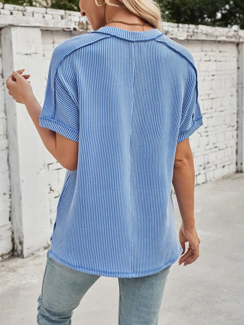 Cord Ribbed V - Neck Short Sleeve T-Shirt - Grace & Grit Boutique