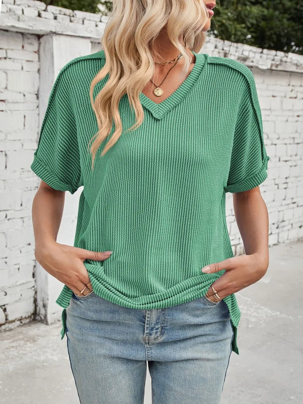 Cord Ribbed V - Neck Short Sleeve T-Shirt - Grace & Grit Boutique