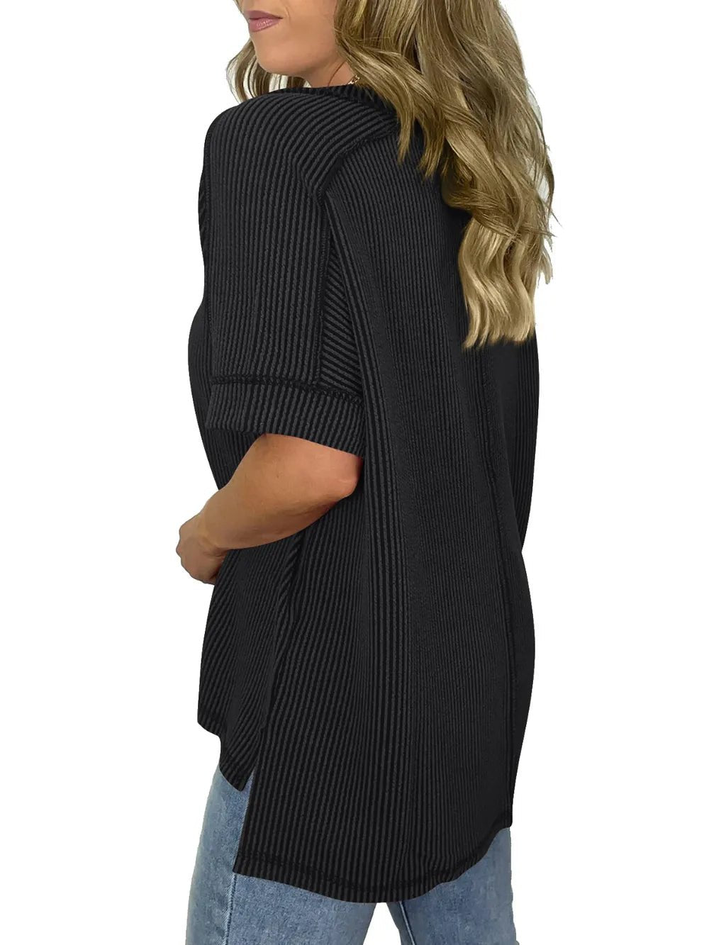 Cord Ribbed V - Neck Short Sleeve T-Shirt - Grace & Grit Boutique
