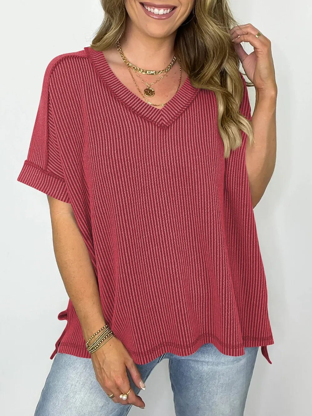 Cord Ribbed V - Neck Short Sleeve T-Shirt - Grace & Grit Boutique