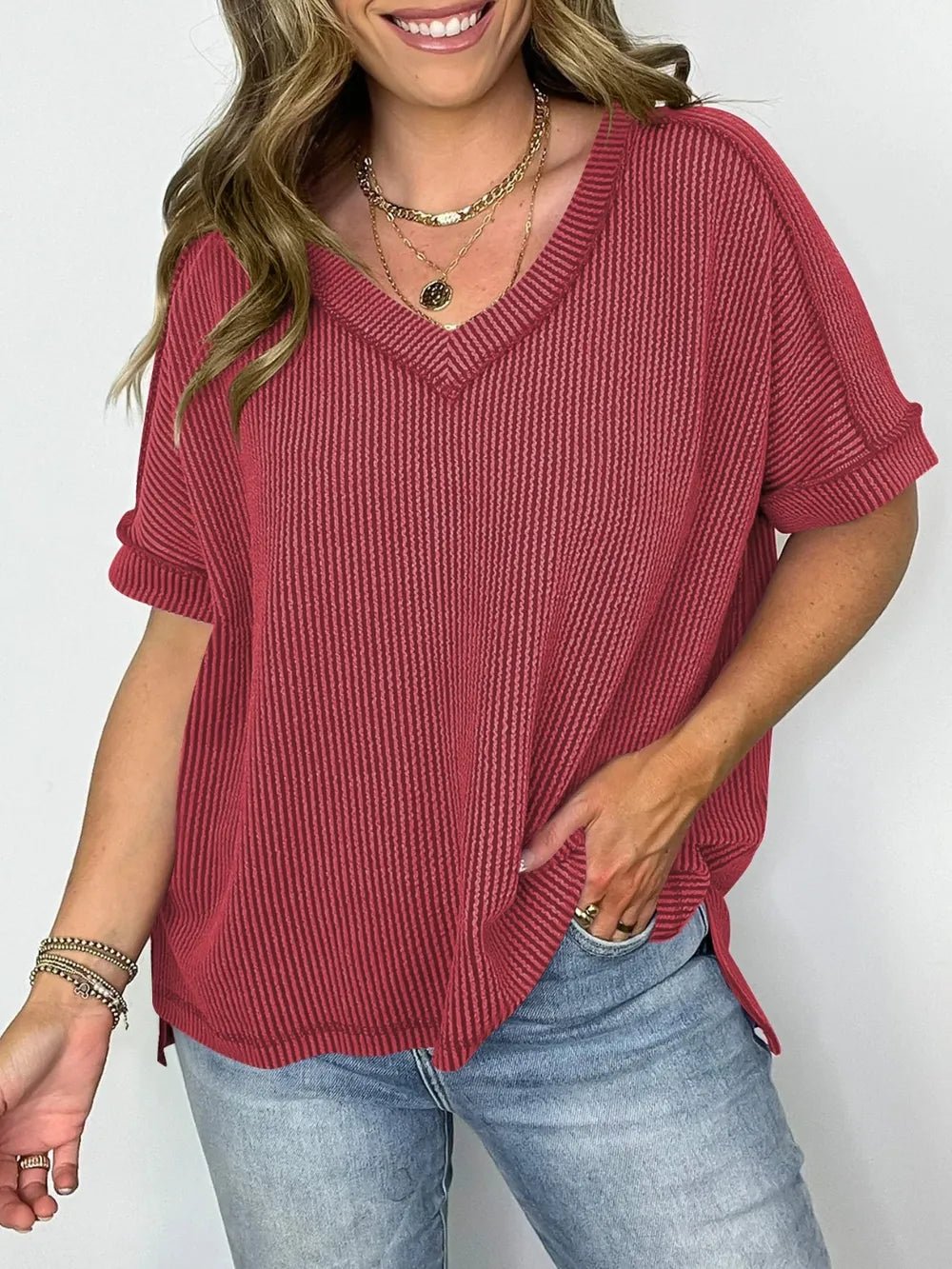 Cord Ribbed V - Neck Short Sleeve T-Shirt - Grace & Grit Boutique