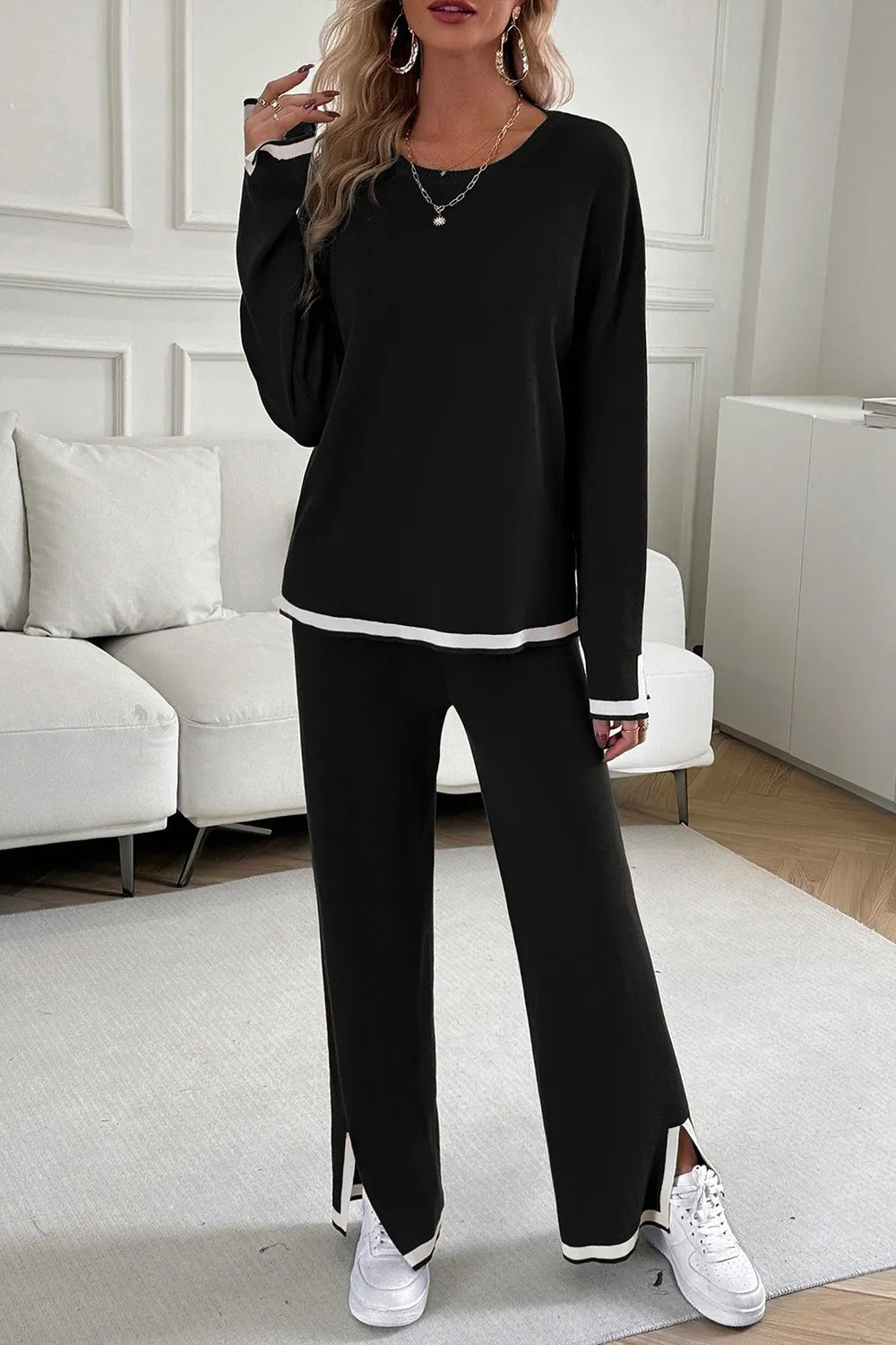Devine Contrast Trim Round Neck Top and Pants Set - Grace & Grit Boutique