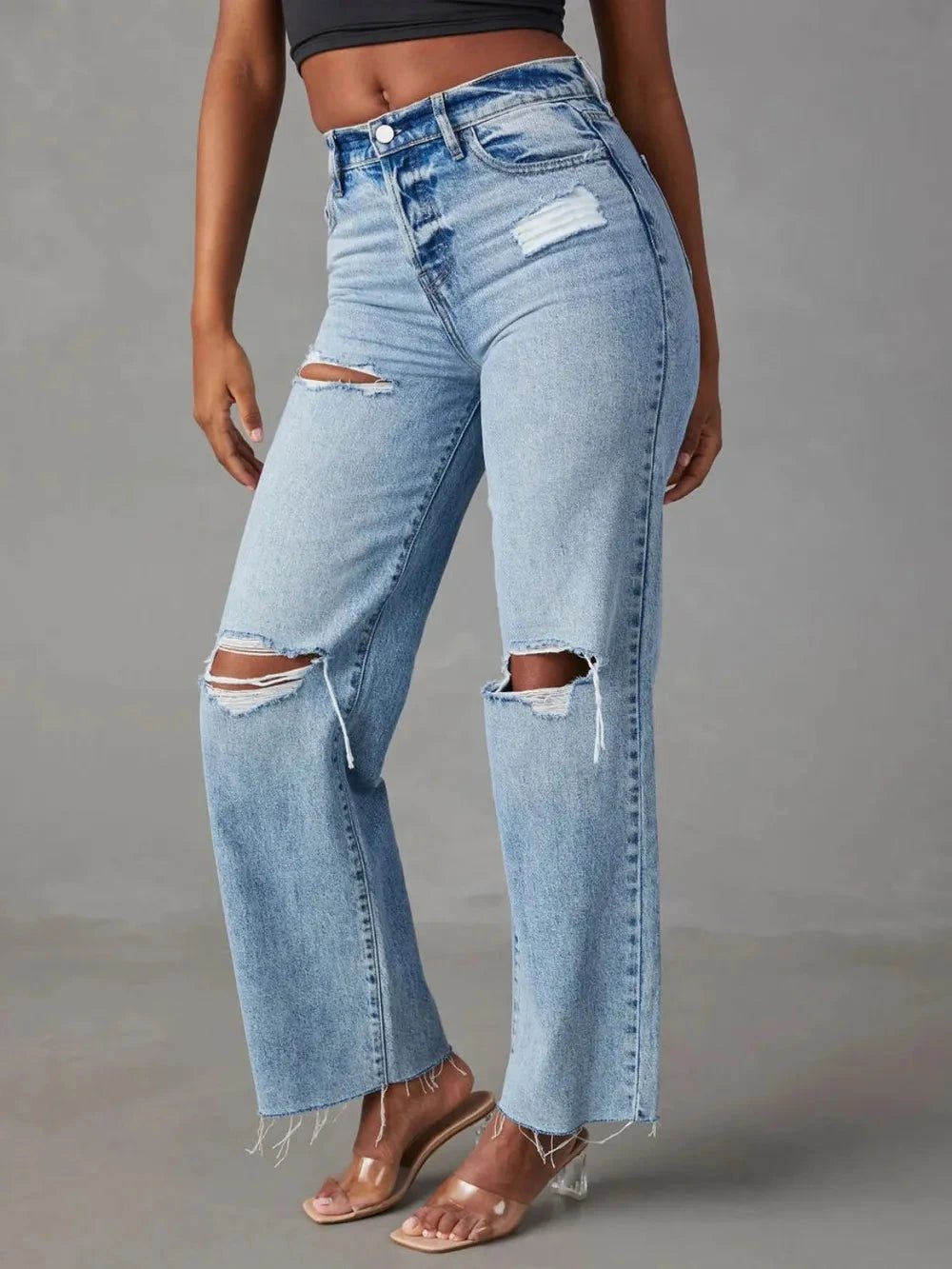 Distressed Straight Leg Jeans with Pockets - Grace & Grit Boutique