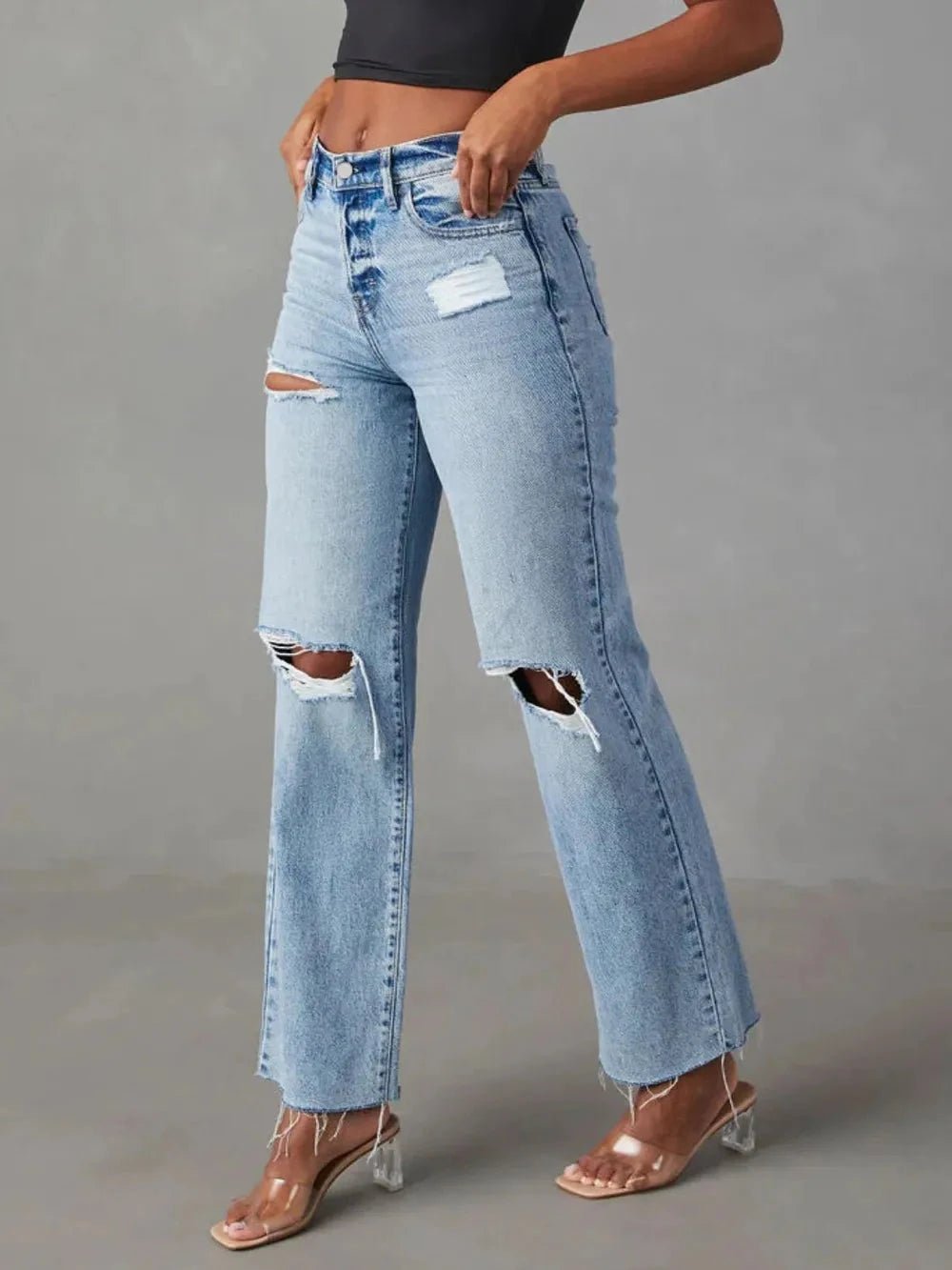 Distressed Straight Leg Jeans with Pockets - Grace & Grit Boutique