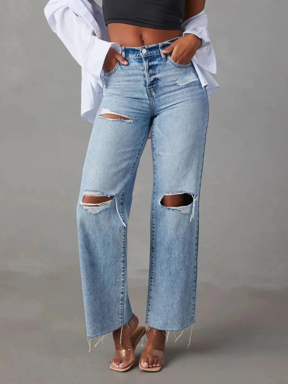 Distressed Straight Leg Jeans with Pockets - Grace & Grit Boutique