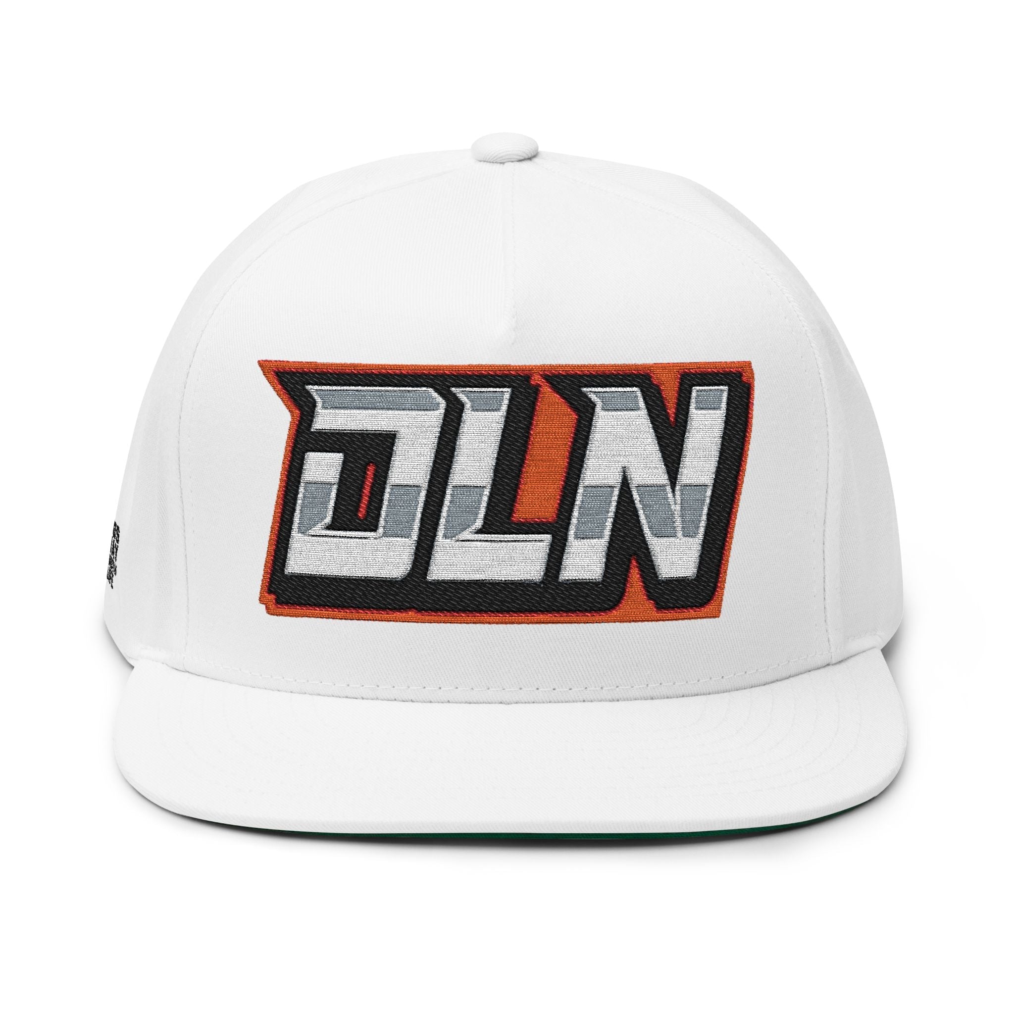 DLN Embroidered Flat Bill Cap – White Snapback Hat with Bold Patch Logo by Printify