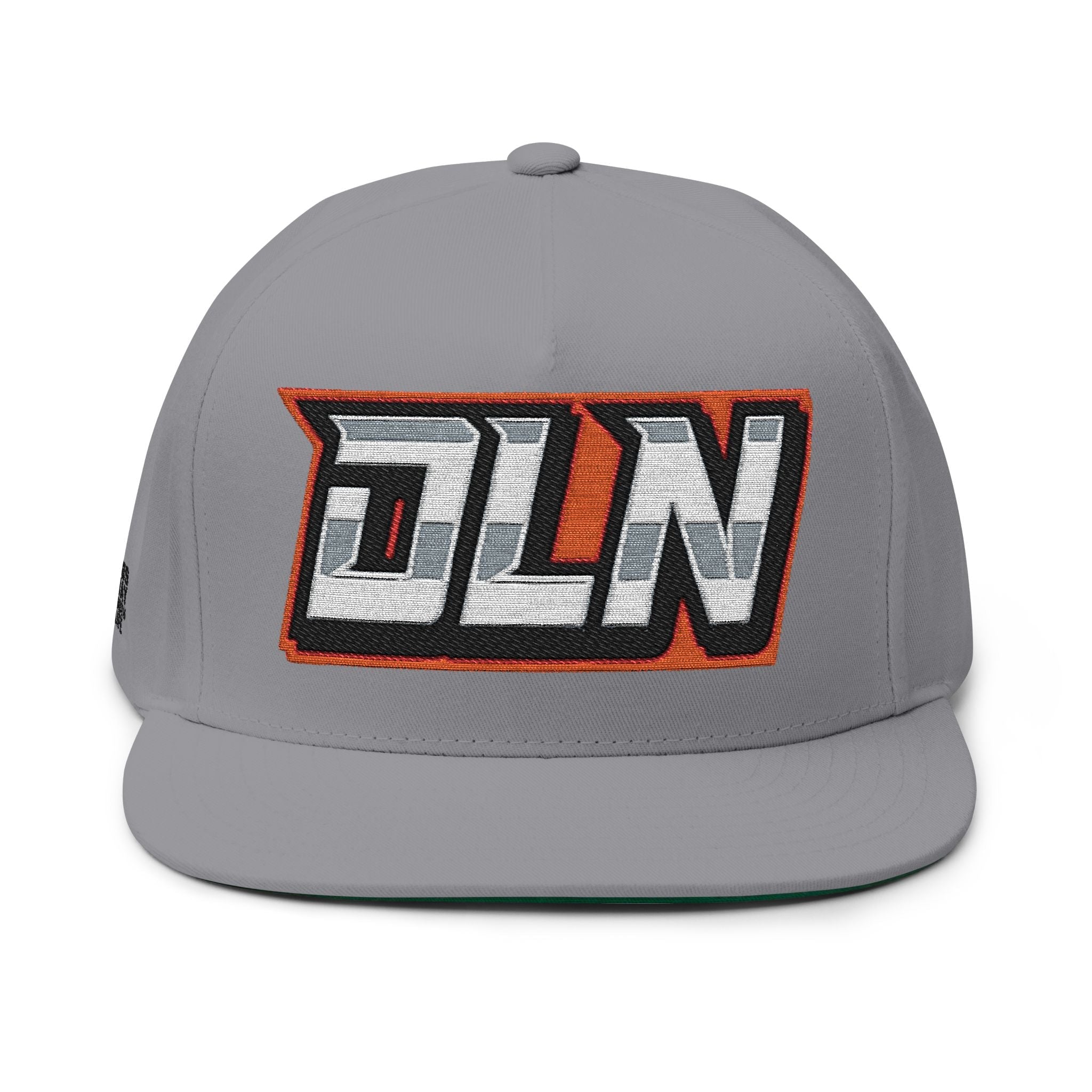 DLN Embroidered Flat Bill Cap – White Snapback Hat with Bold Patch Logo by Printify
