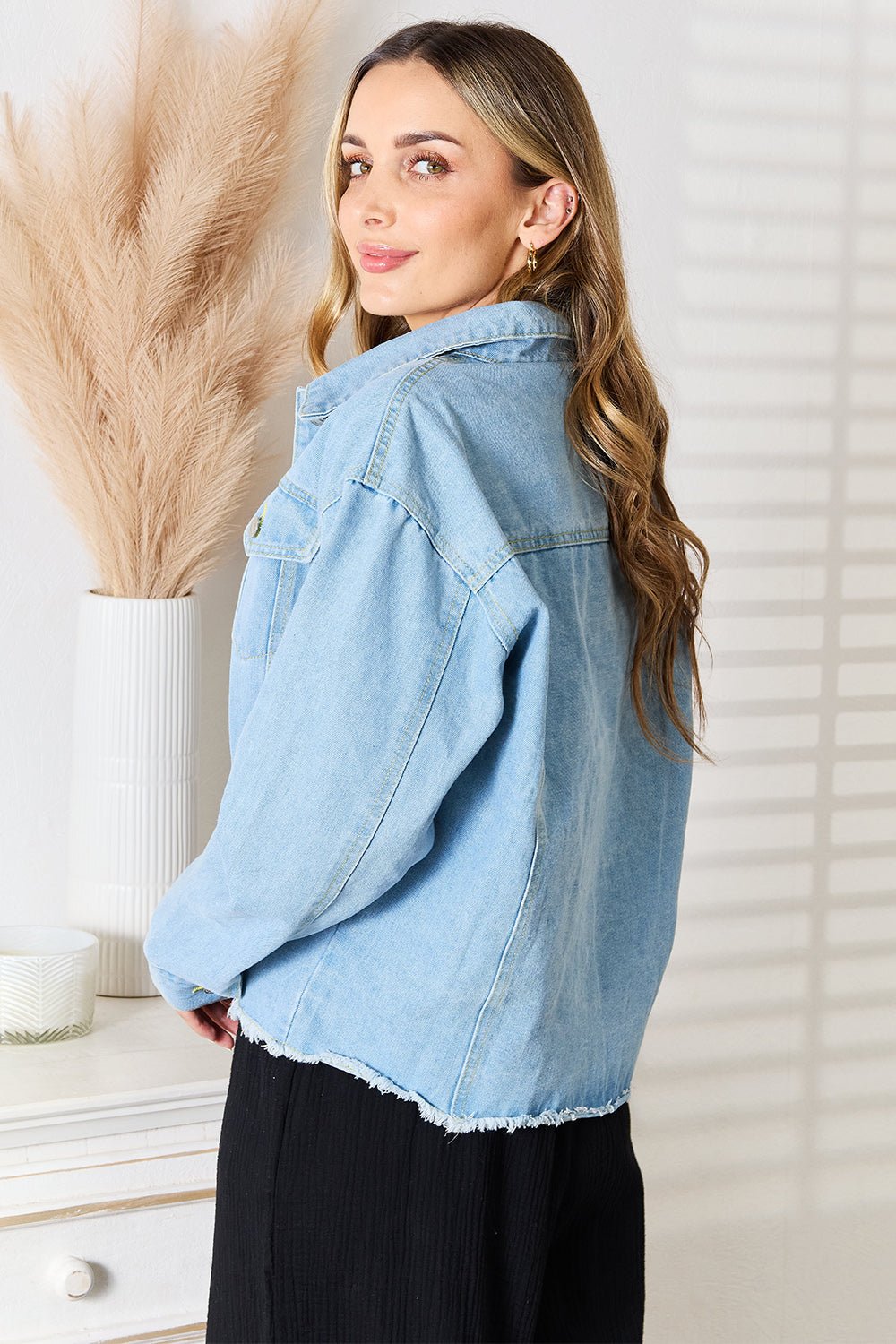 Double Take Dropped Shoulder Raw Hem Denim Jacket - Grace & Grit Boutique