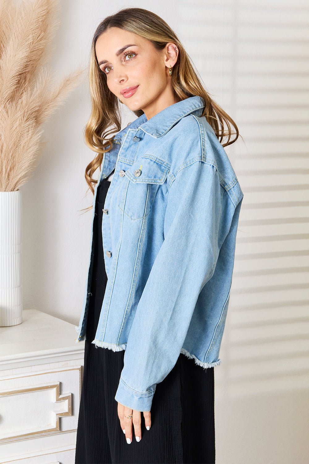 Double Take Dropped Shoulder Raw Hem Denim Jacket - Grace & Grit Boutique