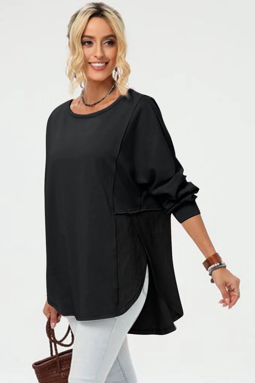 Double Take Full Size Long Sleeve High-Low T-Shirt by Trendsi