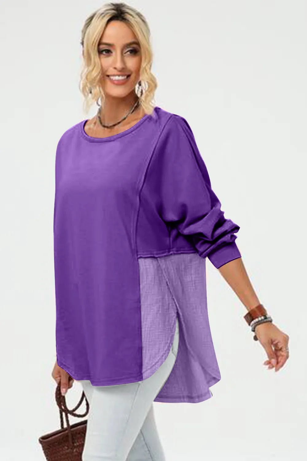 Double Take Full Size Long Sleeve High-Low T-Shirt by Trendsi