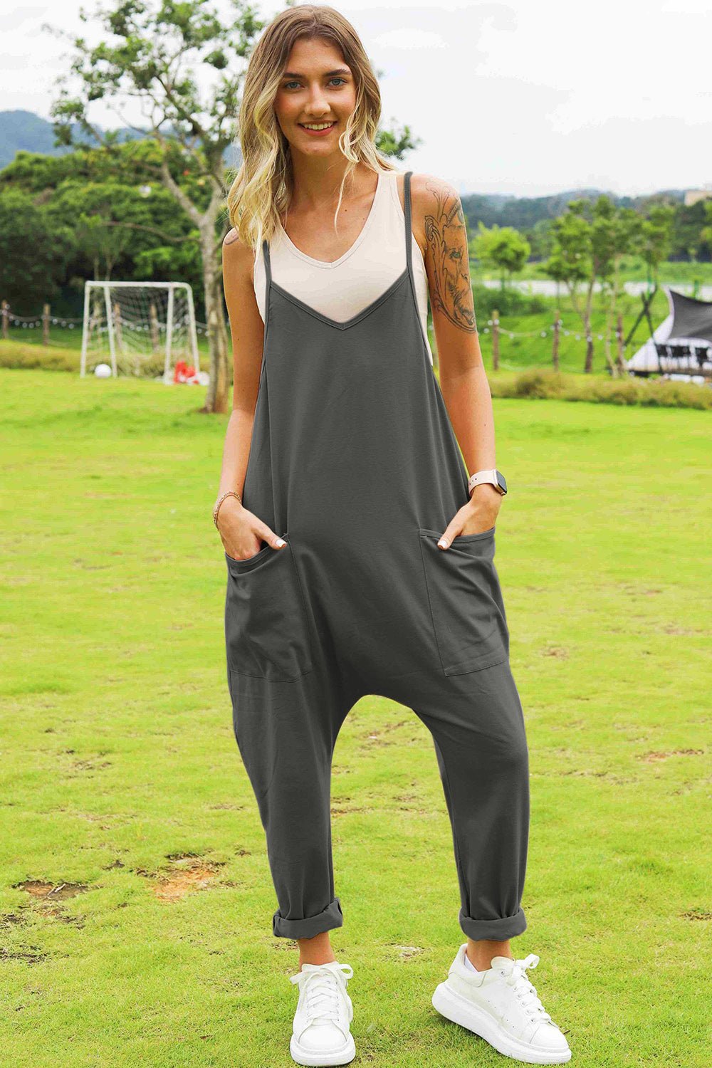 Double Take Full Size Sleeveless V - Neck Pocketed Jumpsuit - Grace & Grit Boutique