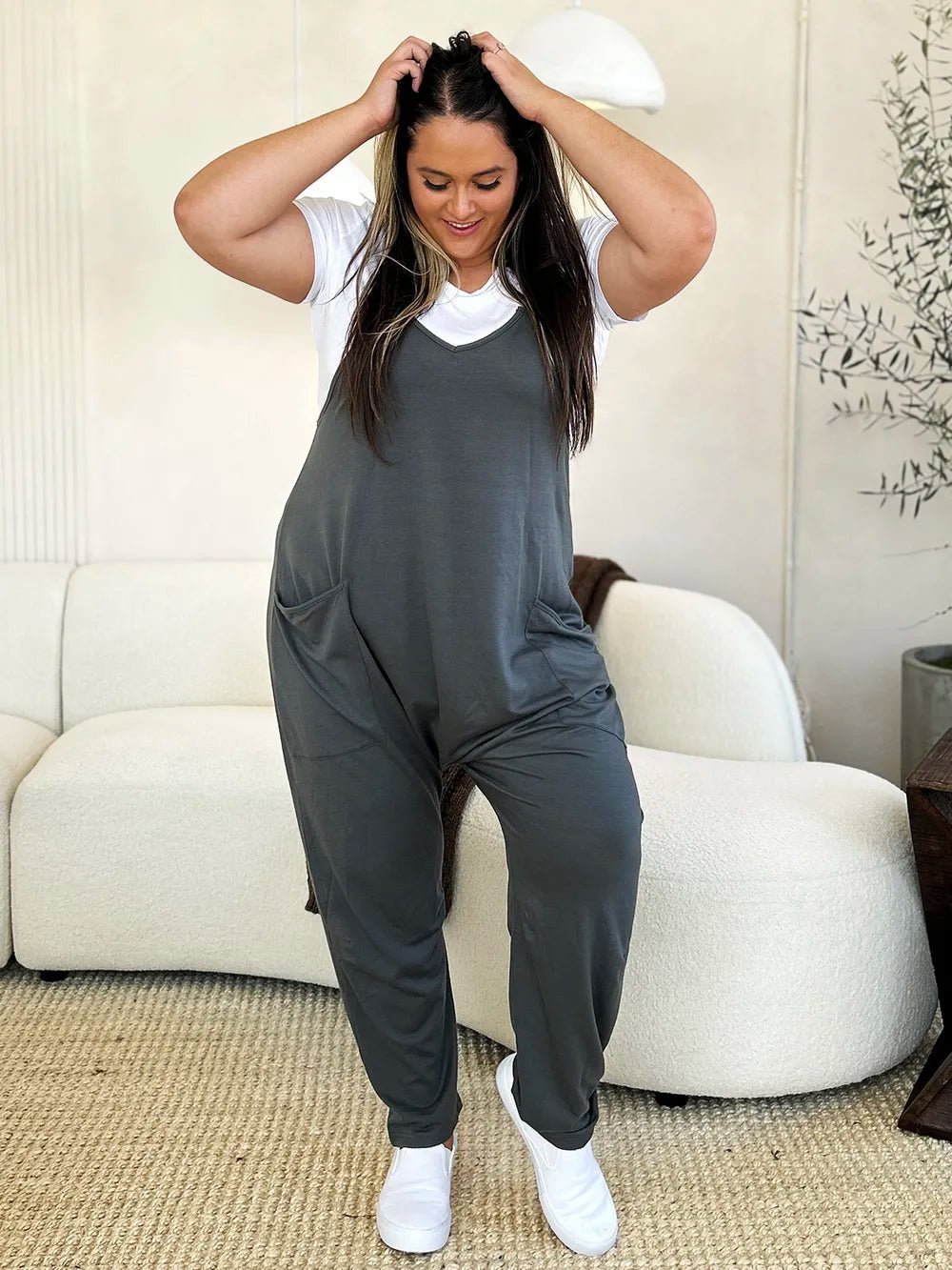 Double Take Full Size Sleeveless V - Neck Pocketed Jumpsuit - Grace & Grit Boutique