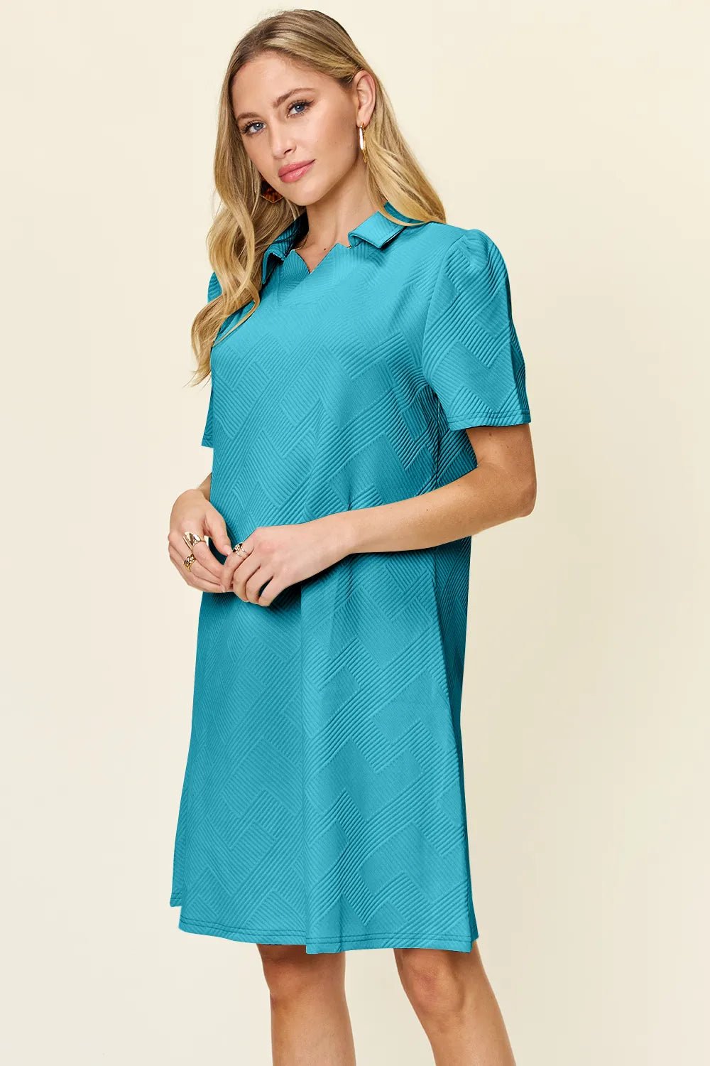 Double Take Full Size Texture Collared Neck Short Sleeve Dress by Trendsi