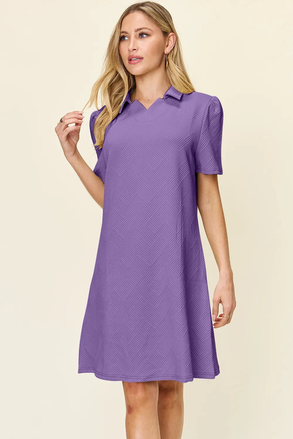 Double Take Full Size Texture Collared Neck Short Sleeve Dress by Trendsi