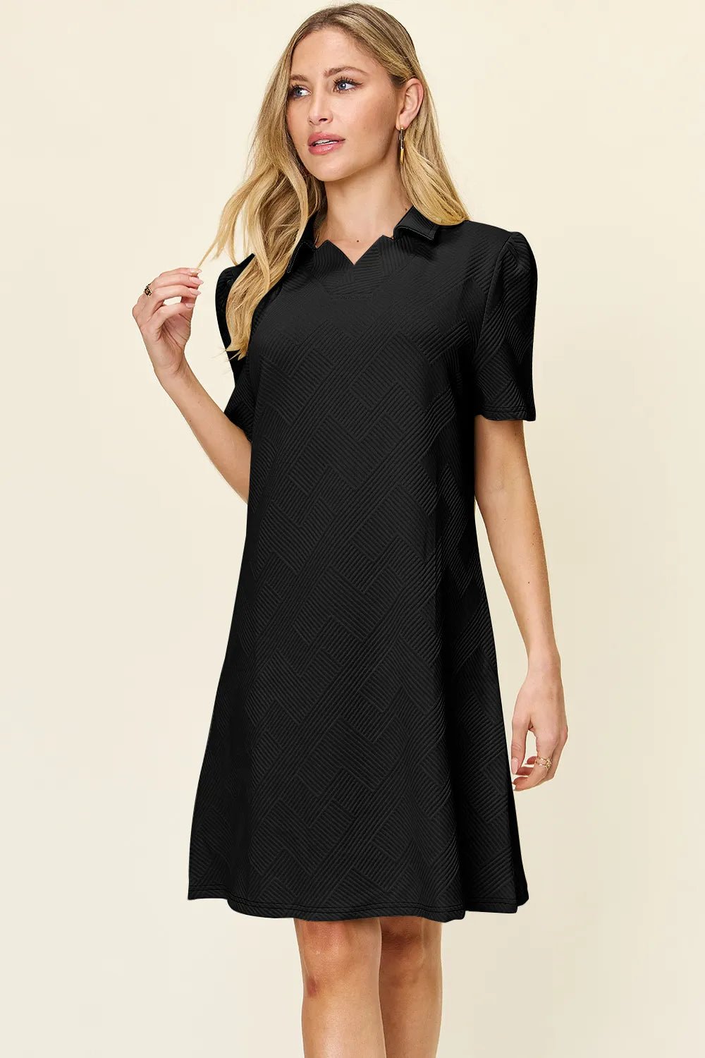 Double Take Full Size Texture Collared Neck Short Sleeve Dress by Trendsi