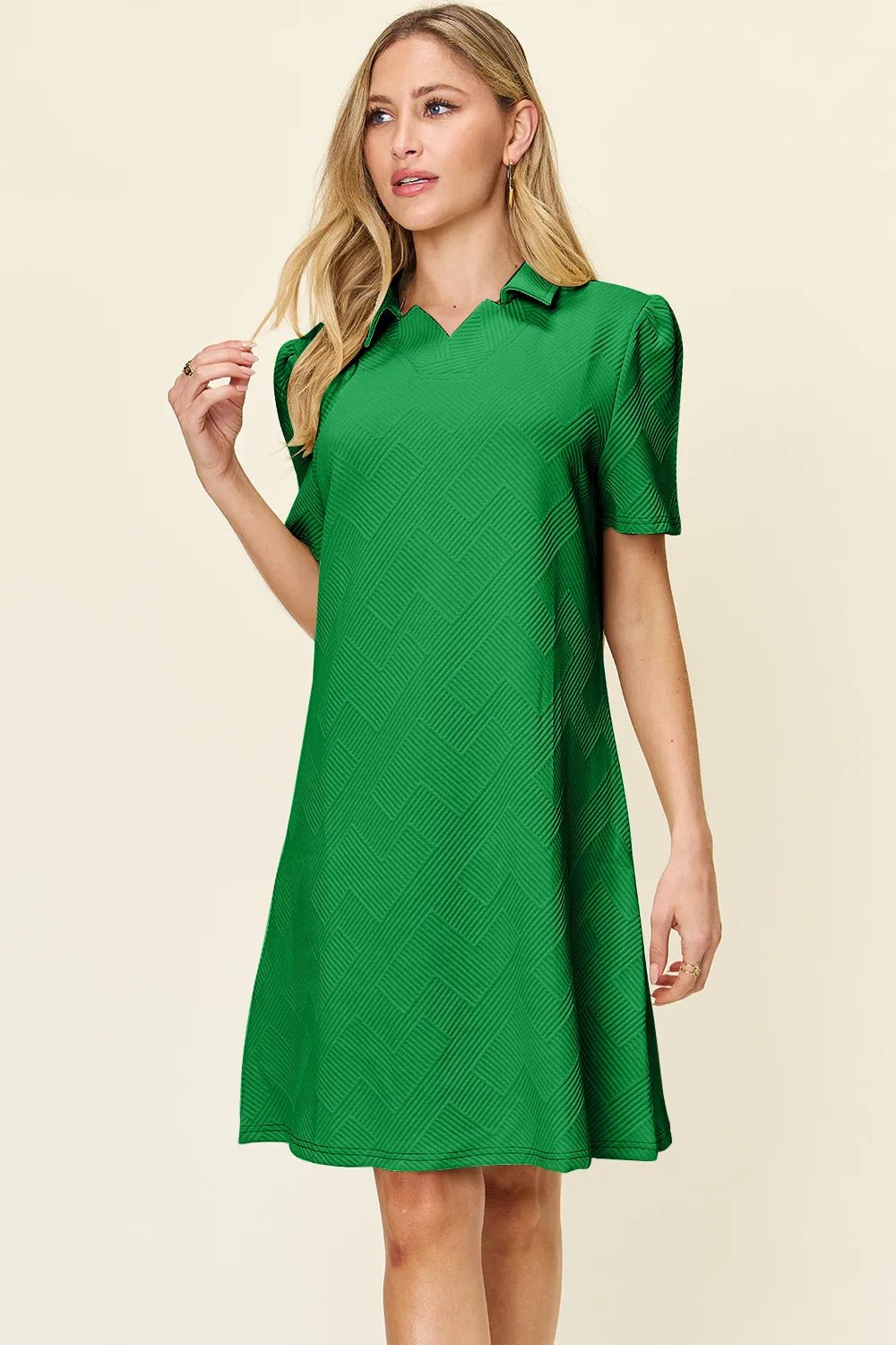 Double Take Full Size Texture Collared Neck Short Sleeve Dress by Trendsi