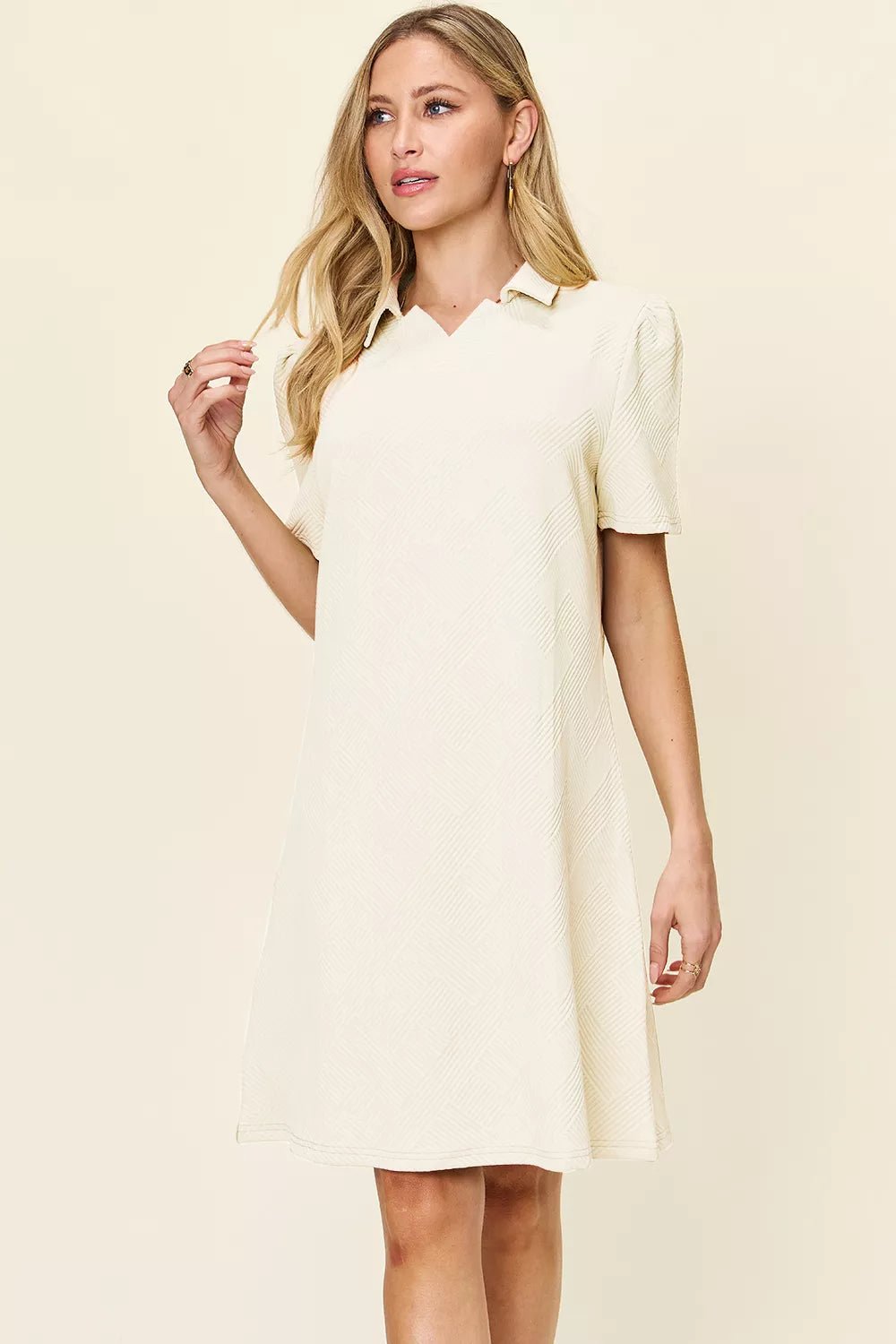 Double Take Full Size Texture Collared Neck Short Sleeve Dress by Trendsi