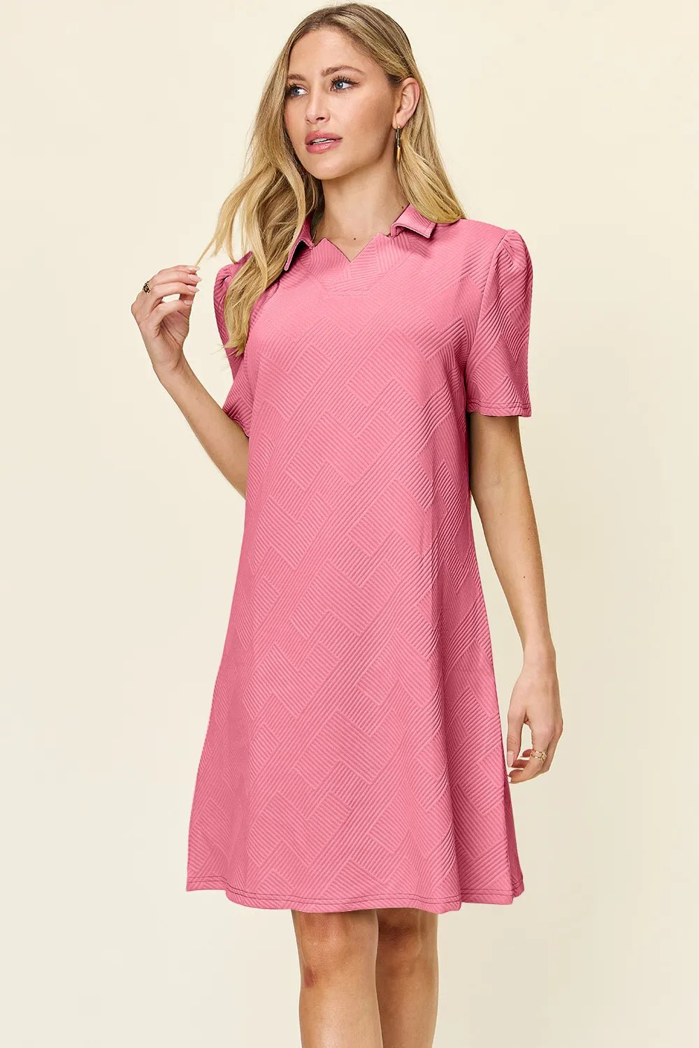 Double Take Full Size Texture Collared Neck Short Sleeve Dress by Trendsi