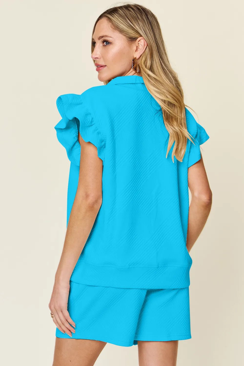 Double Take Full Size Texture Flounce Sleeve Top and Drawstring Shorts Set - Grace & Grit Boutique