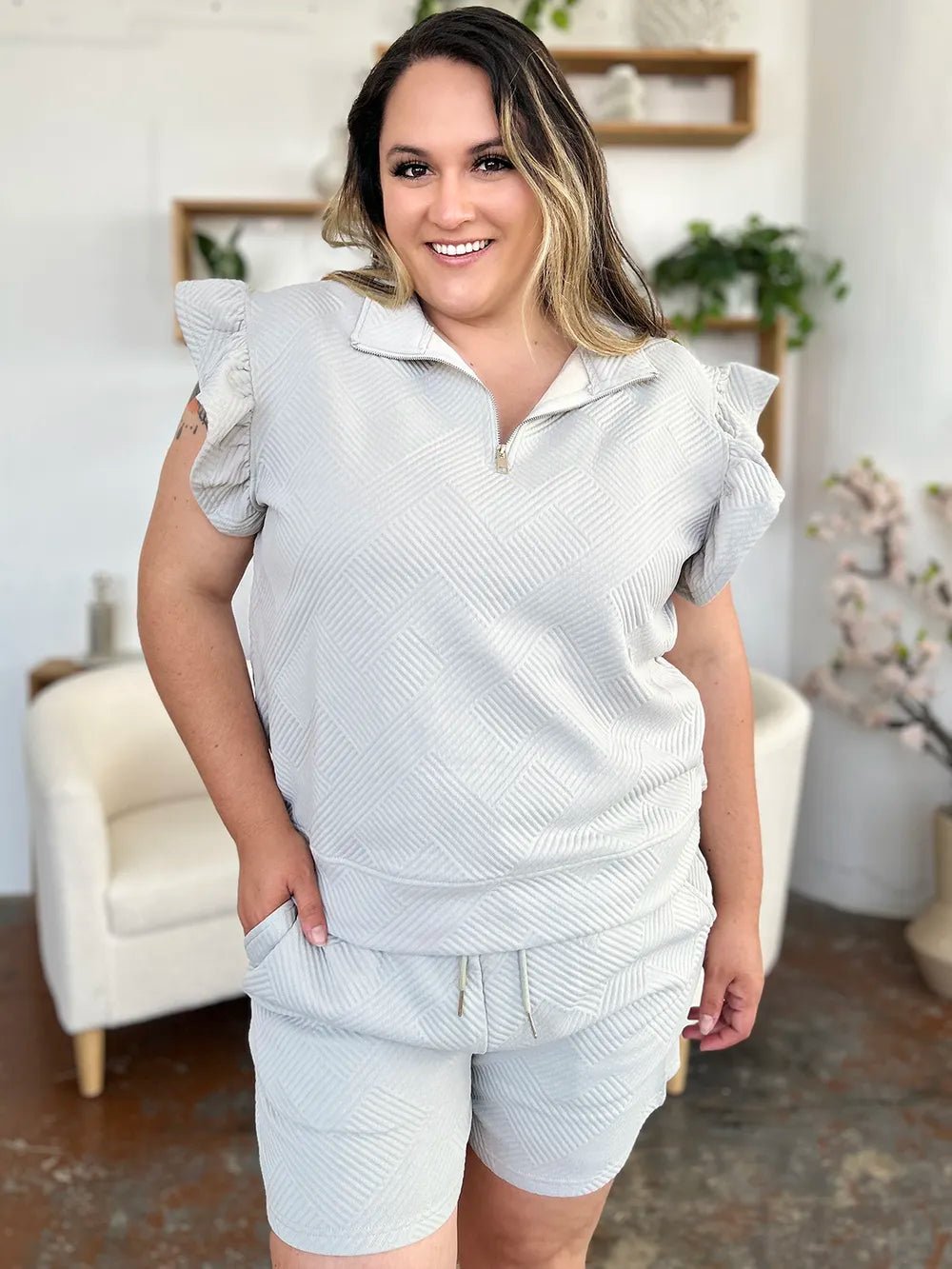 Double Take Full Size Texture Flounce Sleeve Top and Drawstring Shorts Set - Grace & Grit Boutique