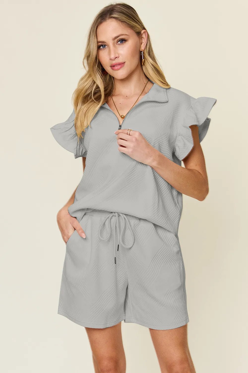 Double Take Full Size Texture Flounce Sleeve Top and Drawstring Shorts Set - Grace & Grit Boutique