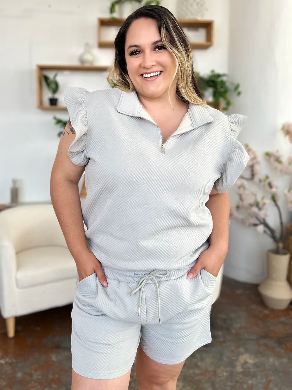 Double Take Full Size Texture Flounce Sleeve Top and Drawstring Shorts Set - Grace & Grit Boutique