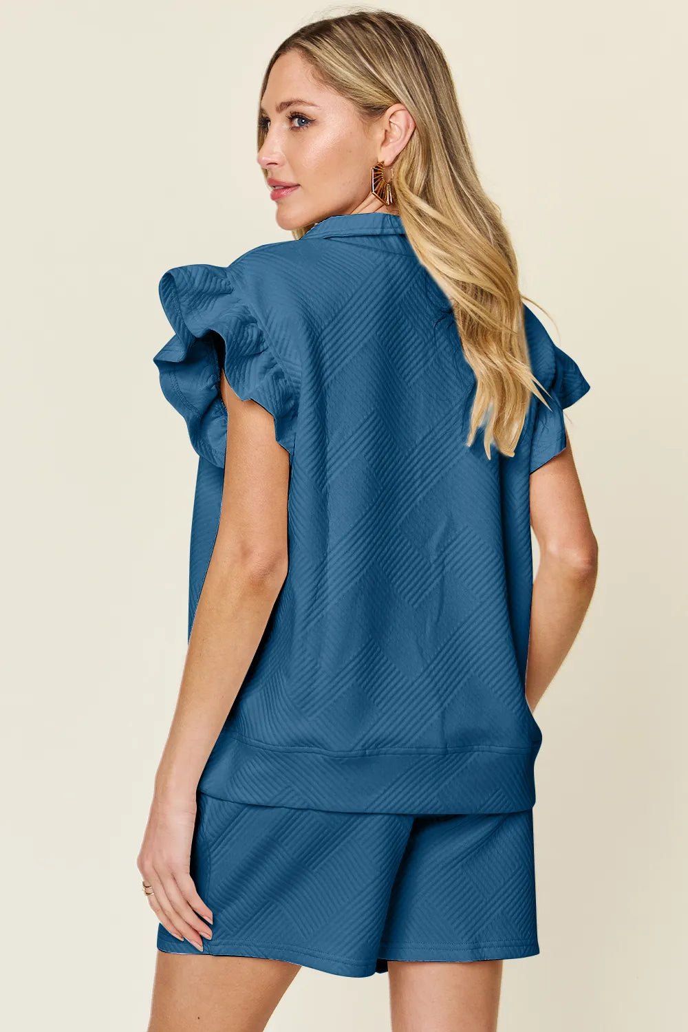 Double Take Full Size Texture Flounce Sleeve Top and Drawstring Shorts Set - Grace & Grit Boutique