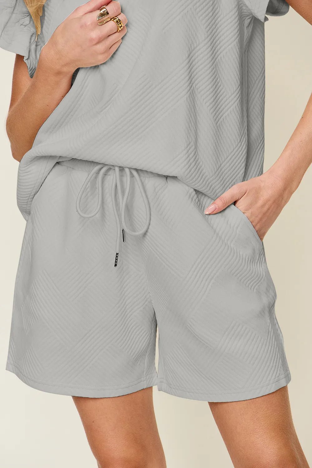 Double Take Full Size Texture Flounce Sleeve Top and Drawstring Shorts Set - Grace & Grit Boutique
